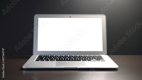 gray Laptop isolated on a brown table with dark or black background, png, clean, minimalist product and blank screen, without screen