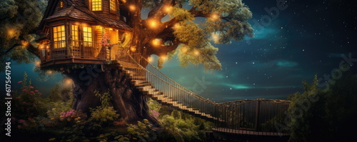 a fantasy fable or fairy tale type tree house. in the forest. enchanted tree house. Hand edited generative AI. 
