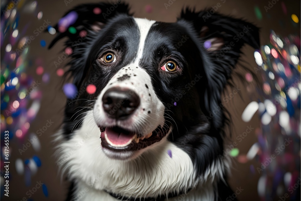 border collie at party with confetti 