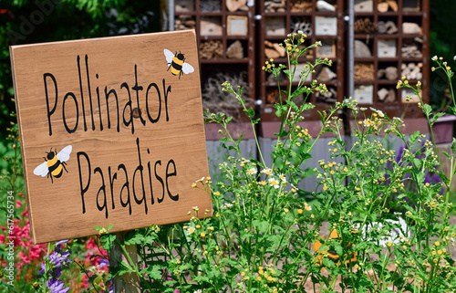 Fototapeta Naklejka Na Ścianę i Meble -  Pollinator Paradise sign in a garden with flowers and insect hotel in the background