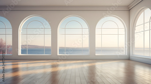 Empty room with huge windows and beautiful view
