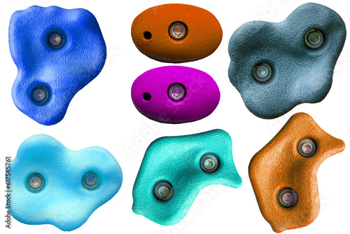 Set of grips different colors and shapes for climbing wall isolated on white background / set collection of various artificial climbing holds with clipping path / bouldering extreme sport photo