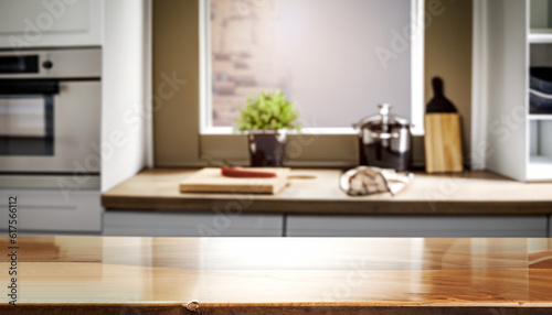 Desk of free space and kitchen interior.