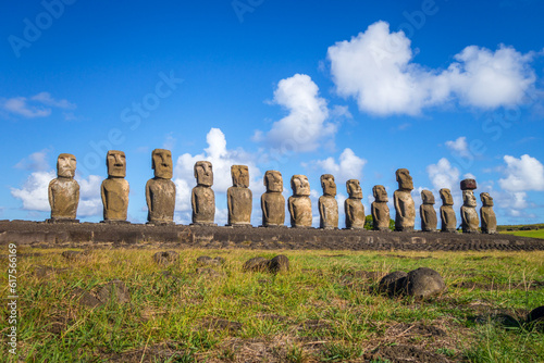 Moais statues, ahu Tongariki, easter island, Chile photo