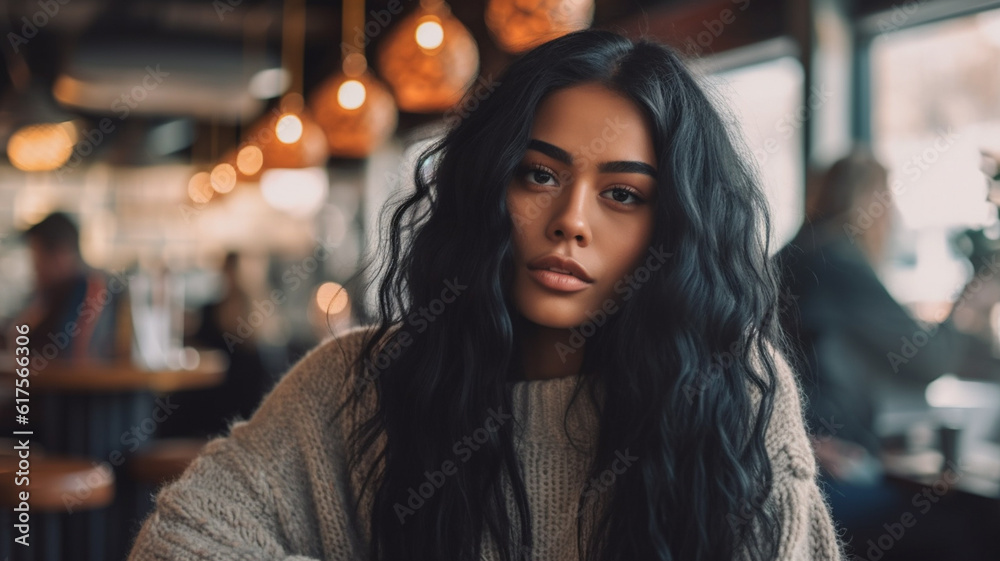 contentment and being happy, young adult woman with a knitted sweater and long black hair, tanned skin color, in a pub or cafe or small restaurant or bar, fictional location