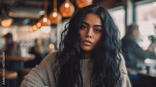 contentment and being happy, young adult woman with a knitted sweater and long black hair, tanned skin color, in a pub or cafe or small restaurant or bar, fictional location © wetzkaz