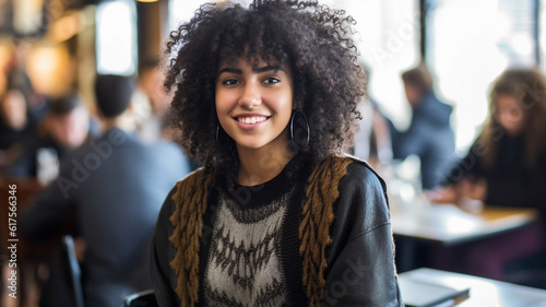 young adult woman wearing jacket, short medium length hair style, curly hair, dark tan skin tone, smiling, happy and content in a city cafe, leisure or work, meeting someone, fictional location