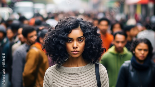 young adult female, neutral or negative facial expression, sweater, multiracial or african american, city life, crowd busy , people in background, shopping street