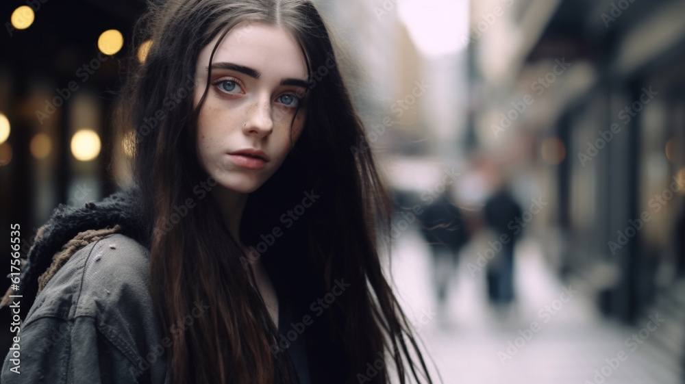 homeless woman or young teenager girl is alone in a side street, fictional event and location