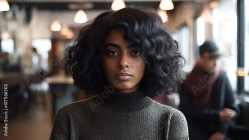 young adult woman girl, dark tanned skin, medium-dark skin tone, dark black long hair, thoughtful look, in a sidewalk cafe, fictional location