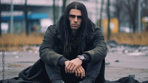 emo or dark makeup man sits...