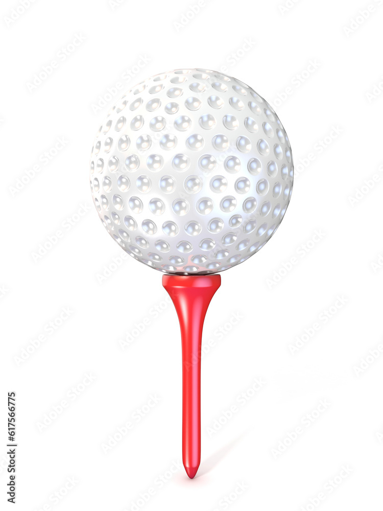 Golf ball on red tee. 3D render illustration, isolated on white background Golf ball on red tee. 3D render illustration, isolated on white background