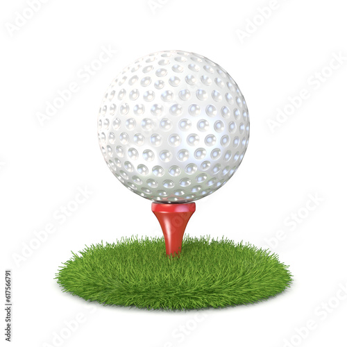 Golf ball on red tee in grass. 3D render illustration, isolated on white background