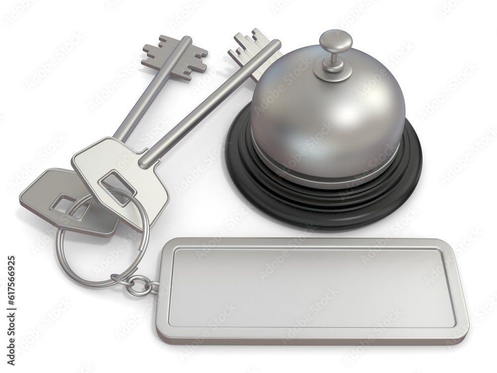 Hotel key with rectangular blank label on ring and reception bell. 3D render illustration isolated on white background Hotel key with rectangular blank label on ring and reception bell. 3D render illustration isolated on white background