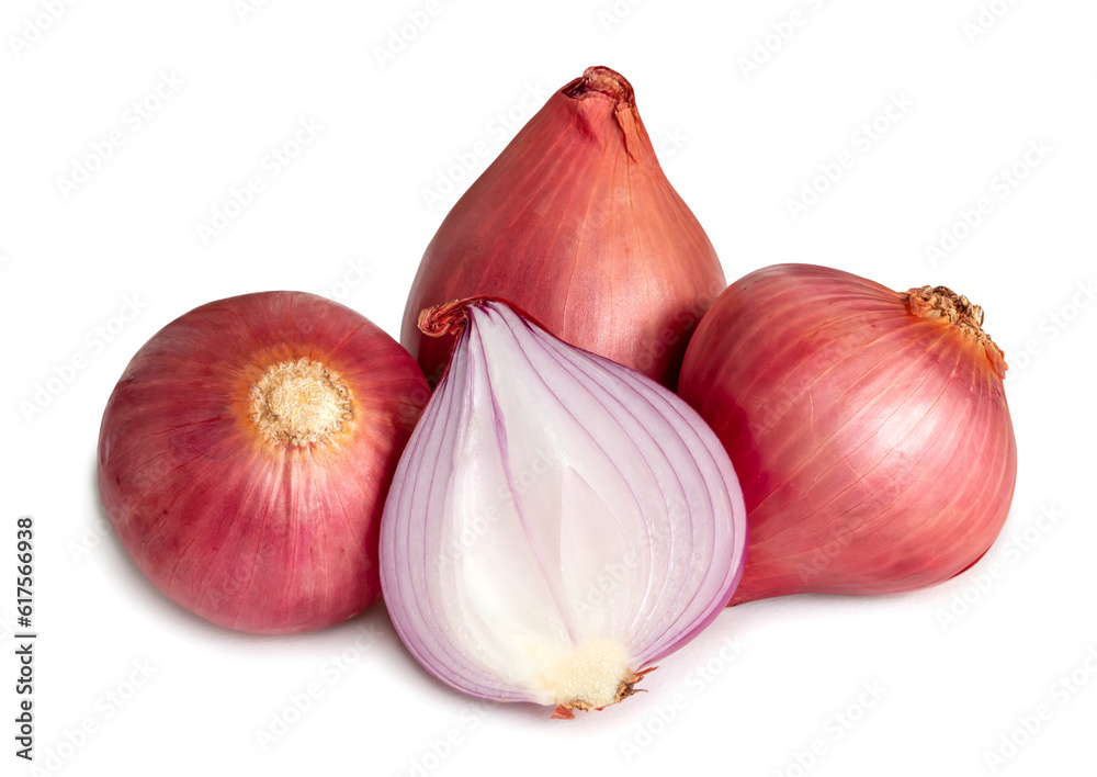 Fresh red onions with half isolated on white background with clipping path.