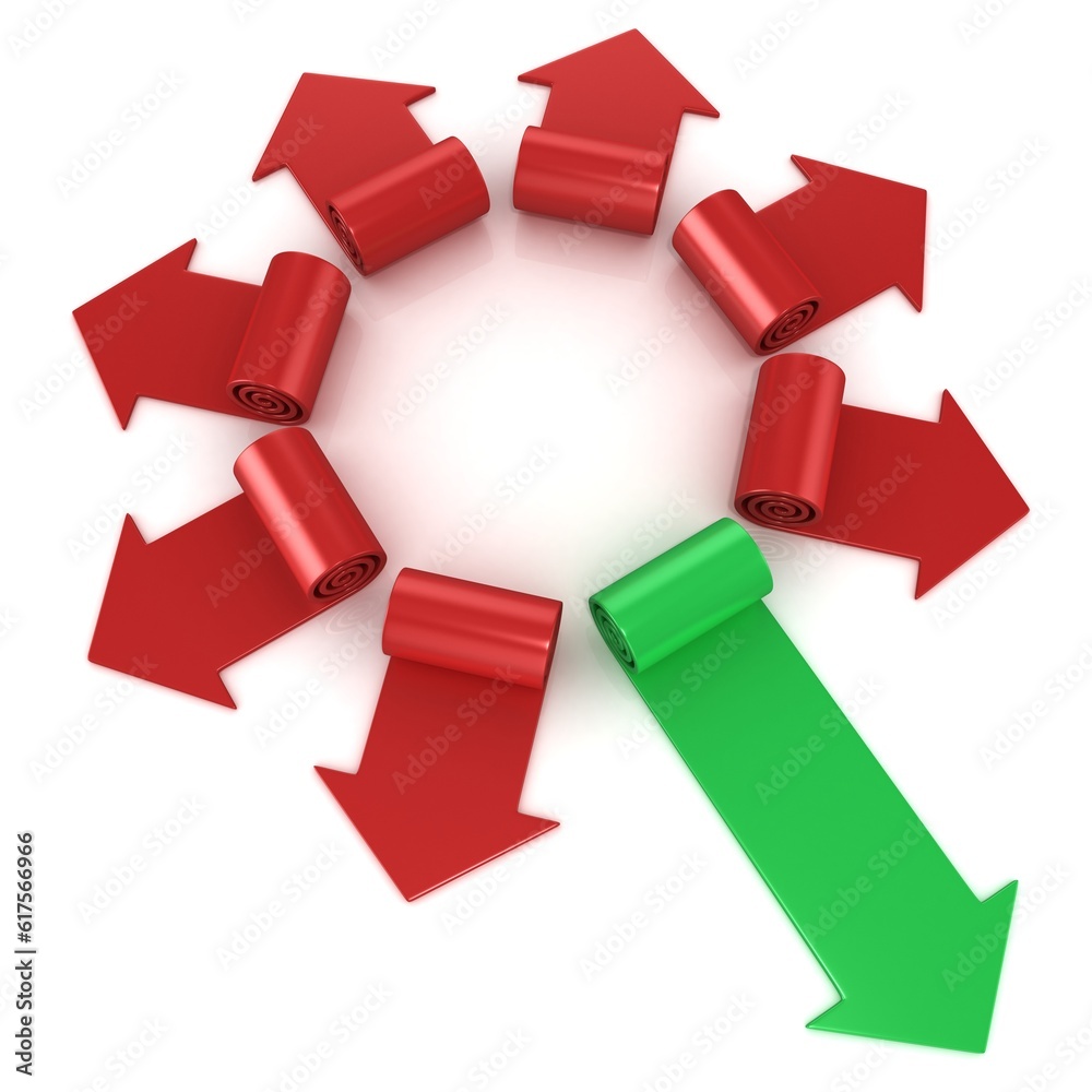 Red spiral arrows directed of the center, with one green arrows faster than others, on white Red spiral arrows directed of the center, with one green arrows faster than others, on white