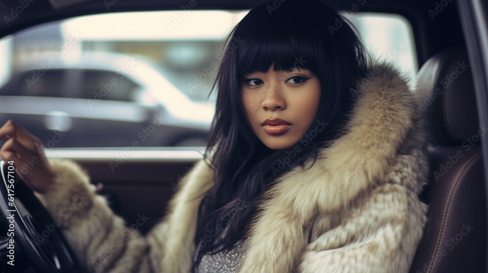 young adult woman sitting in the car, annoyed or scared or stressed look and facial expression, fictitious place and happening young adult woman sitting in the car, annoyed or scared or stressed look and facial expression, fictitious place and happening