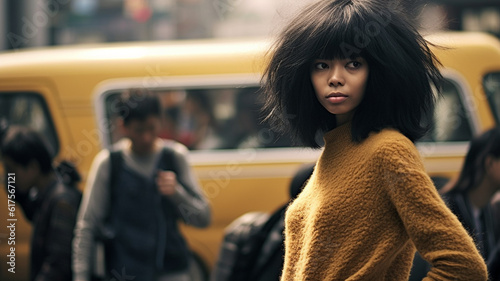 adult dark skinned woman wearing yellow pullover turtleneck stands on a street with people and yellow van or bus in the background, busy crowd city life,fictional location