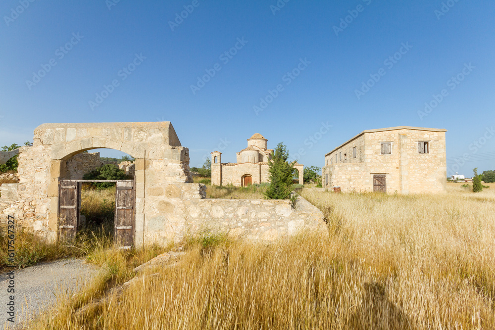 Panayia Kanakaria 6th century Byzantine Monastery Church originally containing Kanakaria mosaics in Lythrangomi, Island of Cyprus bathed in afternoon light