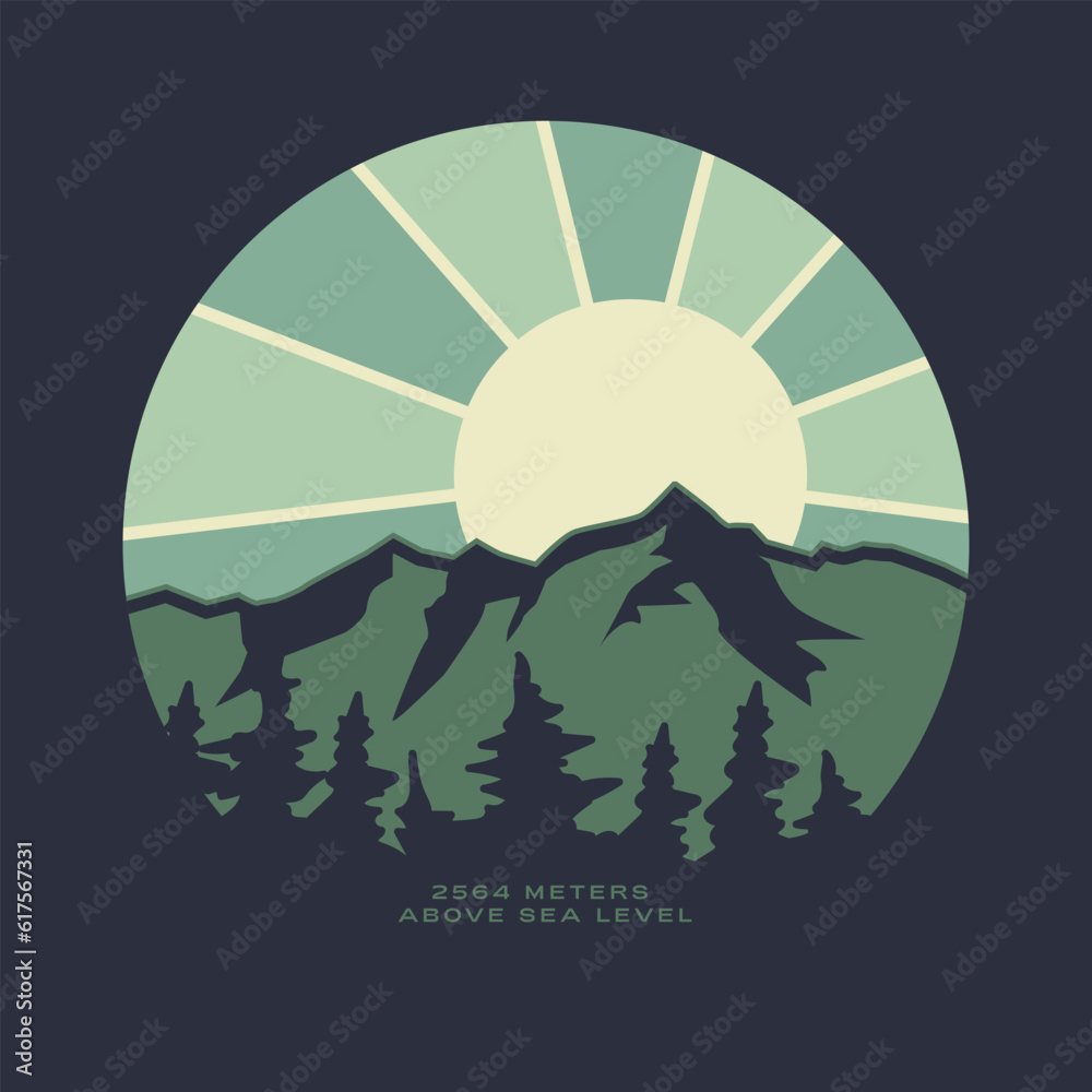 Illustration of outdoor mountains with vintage shining sun and pine trees design vector graphic for T-shirt, poster, apparel, logo and more