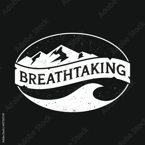 Breathtaking illustration, mountains and waves surfing sea and sky full of stars design outdoor retro vector graphic for T-shirt, poster, apparel, logo and more