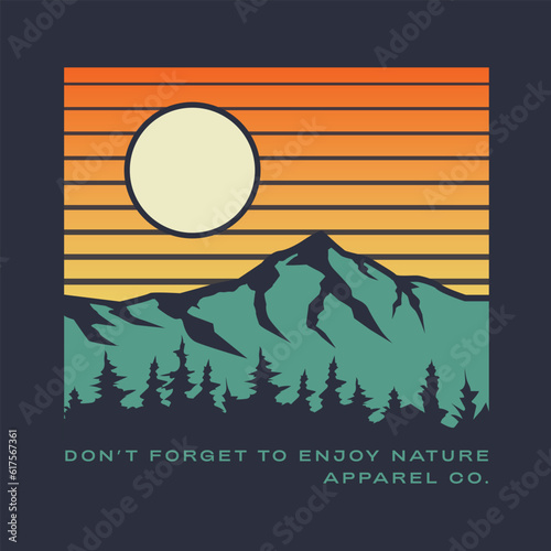 Outdoor mountain illustration with sunset and pine forest design vector graphic for T-shirt, poster, apparel, logo and more