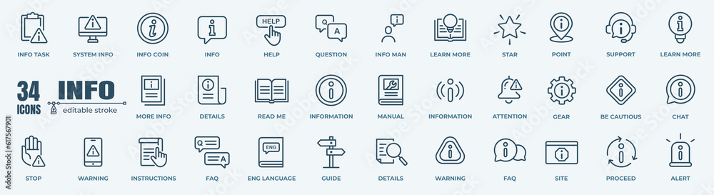 Vector set of information line icons. Contains icons instruction, privacy policy, info center, manual, rule, guide, reference, help and more. - obrazy, fototapety, plakaty 