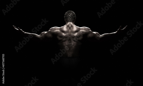 Bodybuilder in a challenging position on a black background. Fitness muscled man. This is a 3d render illustration