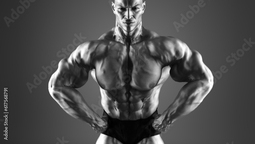 Bodybuilder posing. Fitness muscled man. This is a 3d render illustration