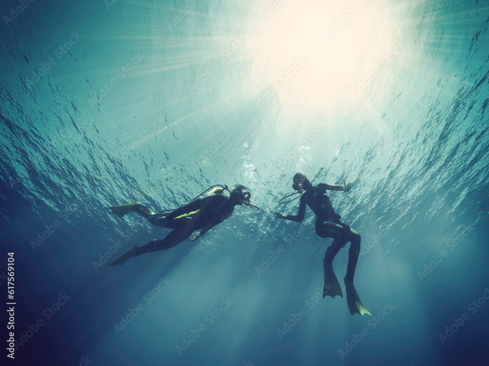 Scuba divers underwater. This is a 3d render illustration Scuba divers underwater. This is a 3d render illustration