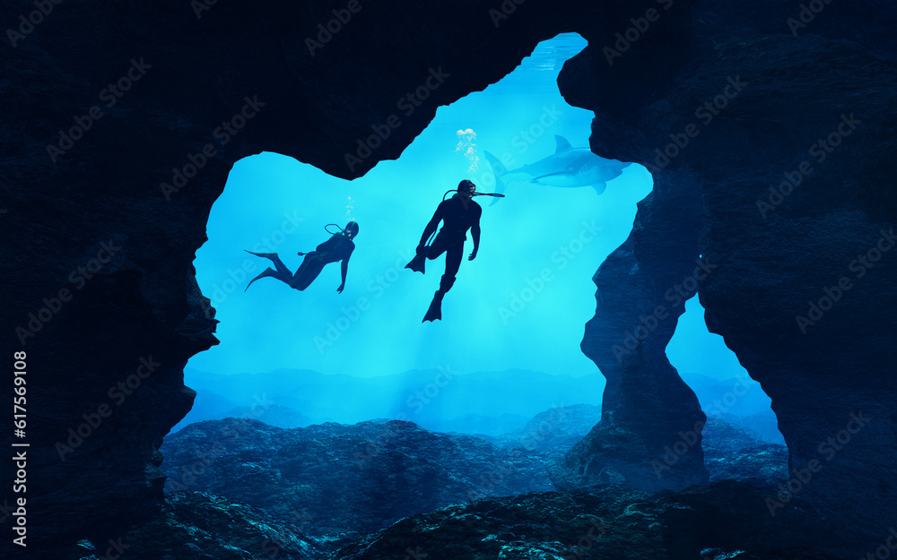Teenagers  swimming near an cliff. This is a 3d render illustration.