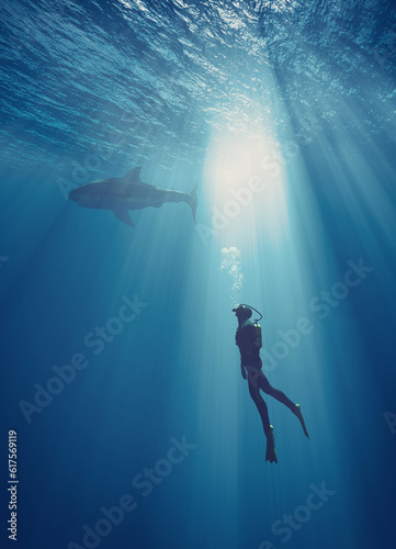 Young swimmer take the race with dolphins in sea. This is a 3d render illustration