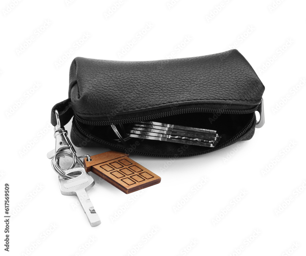 Leather case with key isolated on white Leather case with key isolated on white