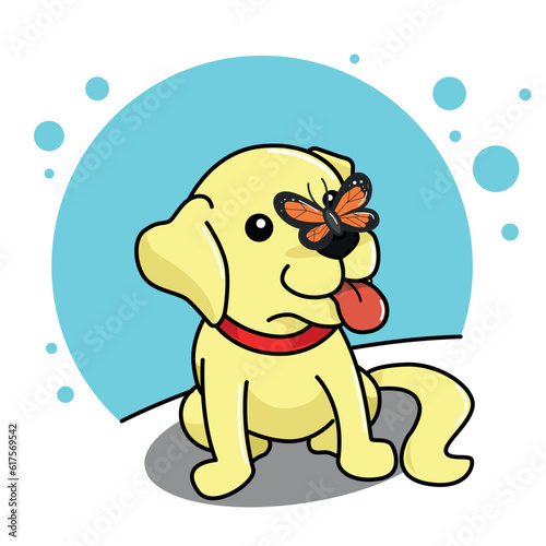 Cartoon of seated dog with butterfly on nose