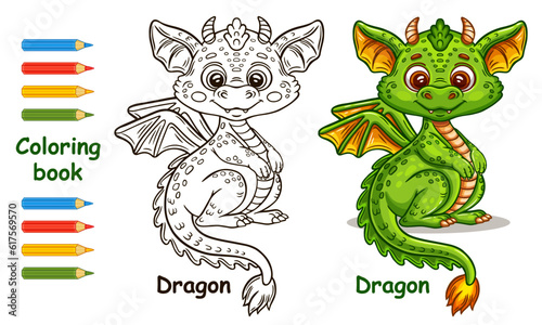 Cute fairy dragon reptile, fantasy flying fire monster animal character. Children coloring book page. Prehistoric dinosaur. Funny magical fairytale lizard. Kid education game. Outline vector drawing
