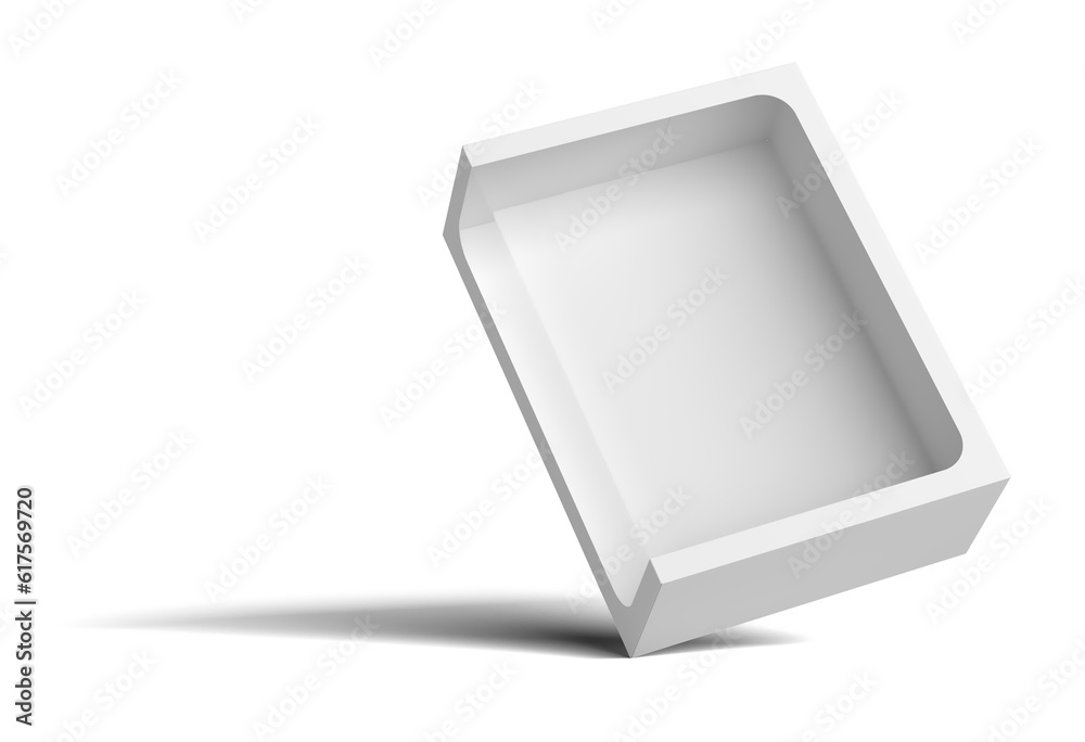 White empty packing cardboard box. In the box cutout in the middle. The box stands on the corner. Isolated on white background. 3D illustration White empty packing cardboard box. In the box cutout in the middle. The box stands on the corner. Isolated on white background. 3D illustration