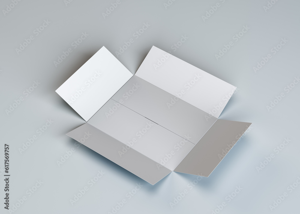 White empty open cardboard package. Gray background. 3d illustration, top view