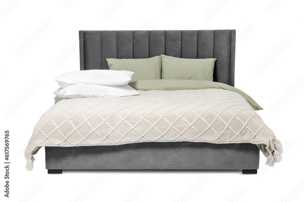 Obraz premium Comfortable gray bed with linens on white background