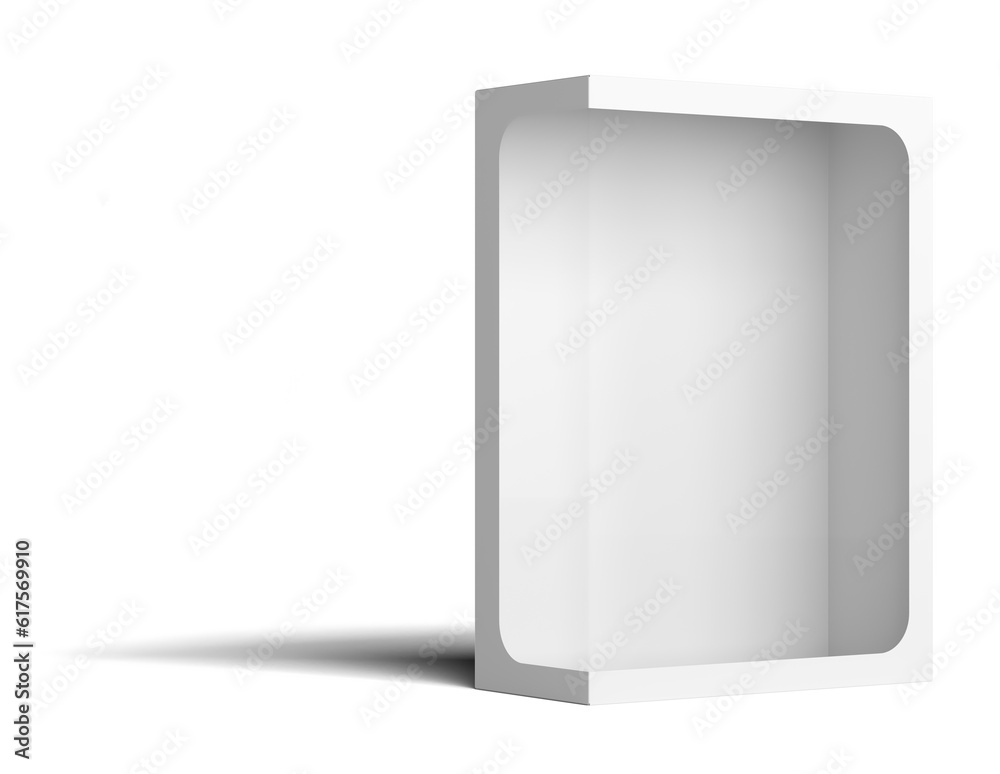 White empty packing cardboard box with a cutout in the middle. Isolated on white background. 3D illustration White empty packing cardboard box with a cutout in the middle. Isolated on white background. 3D illustration