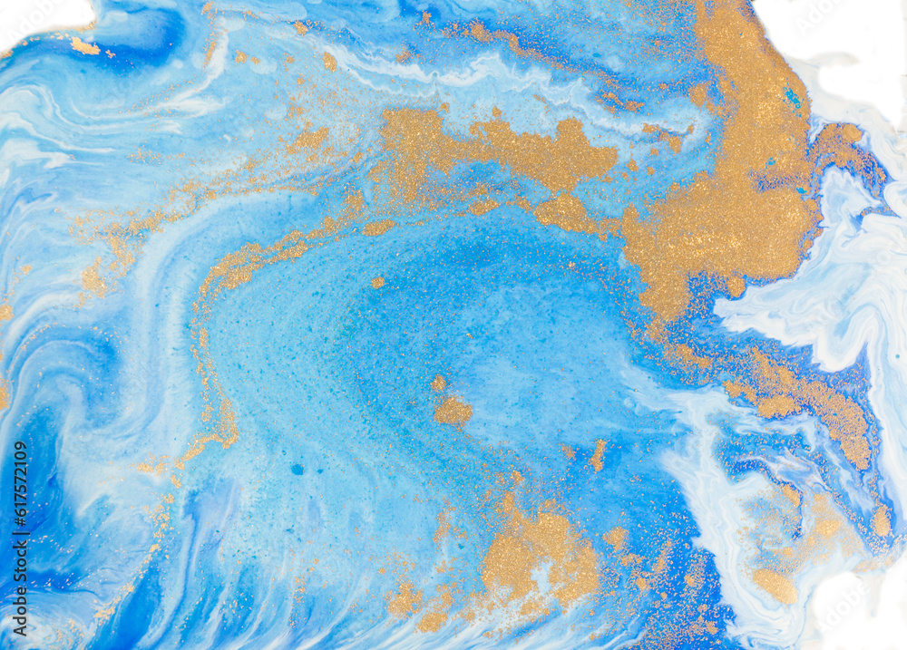 Blue and golden liquid texture. Watercolor hand drawn marbling illustration. Ink marble background