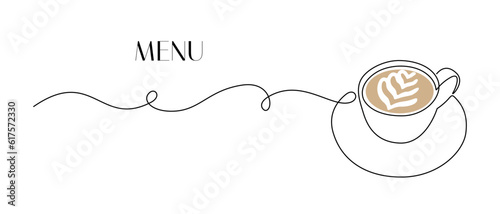 One continuous line drawing of cup coffee with latte art. Minimalist modern symbol of breakfast for cafe menu and web banner cafeteria in simple linear style. Doodle Vector illustration