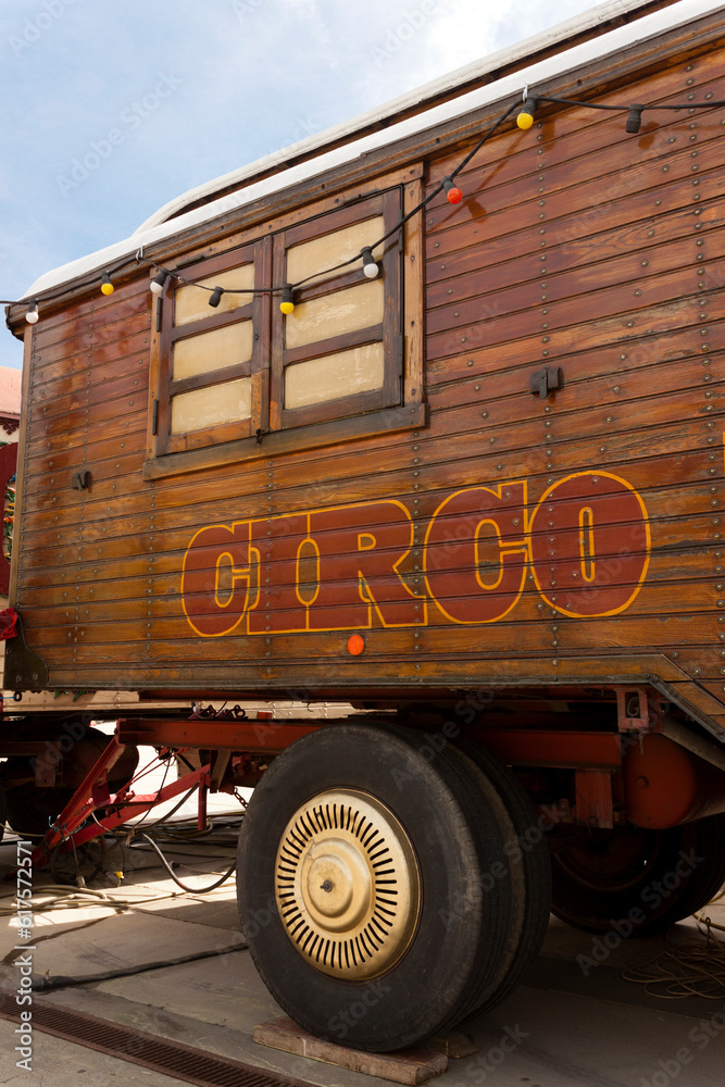 Circus wooden vintage caravan with painted spanish circo lettering