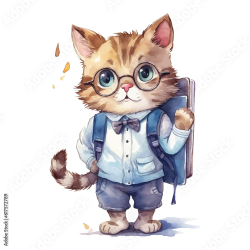 Cute cat student cartoon in watercolor painting style