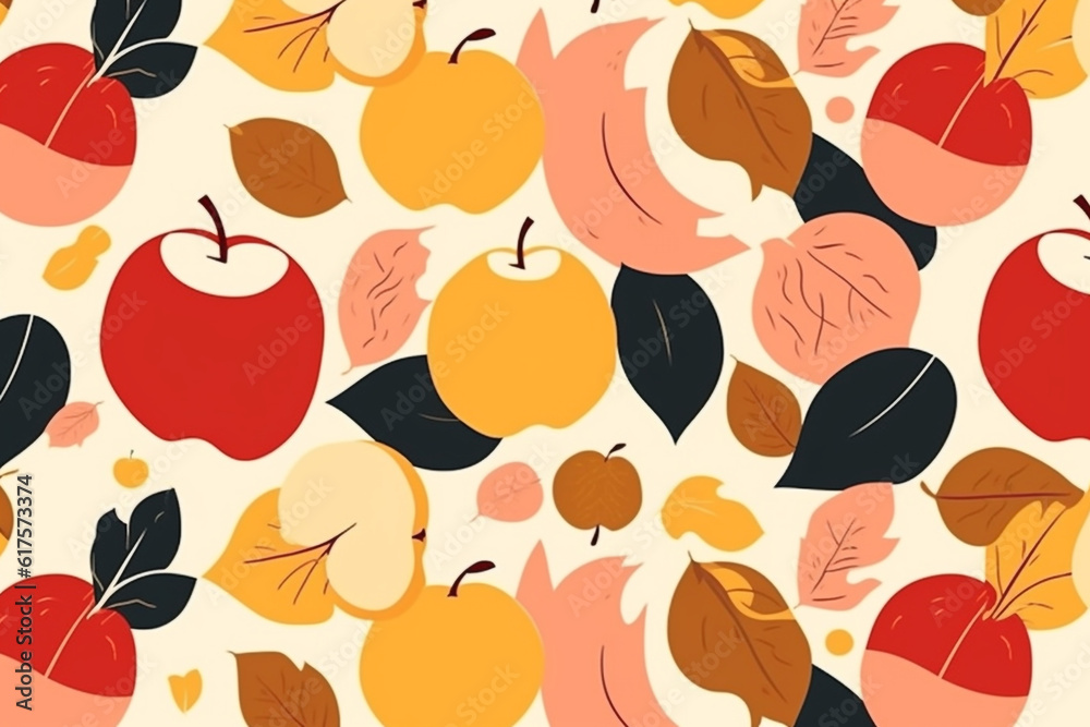 apple and leaves pattern, in the style of anime aesthetic, clean and simple designs. generative ai