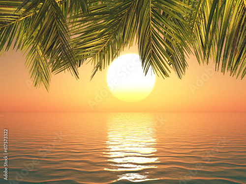 3D render of a tropical landscape at sunset