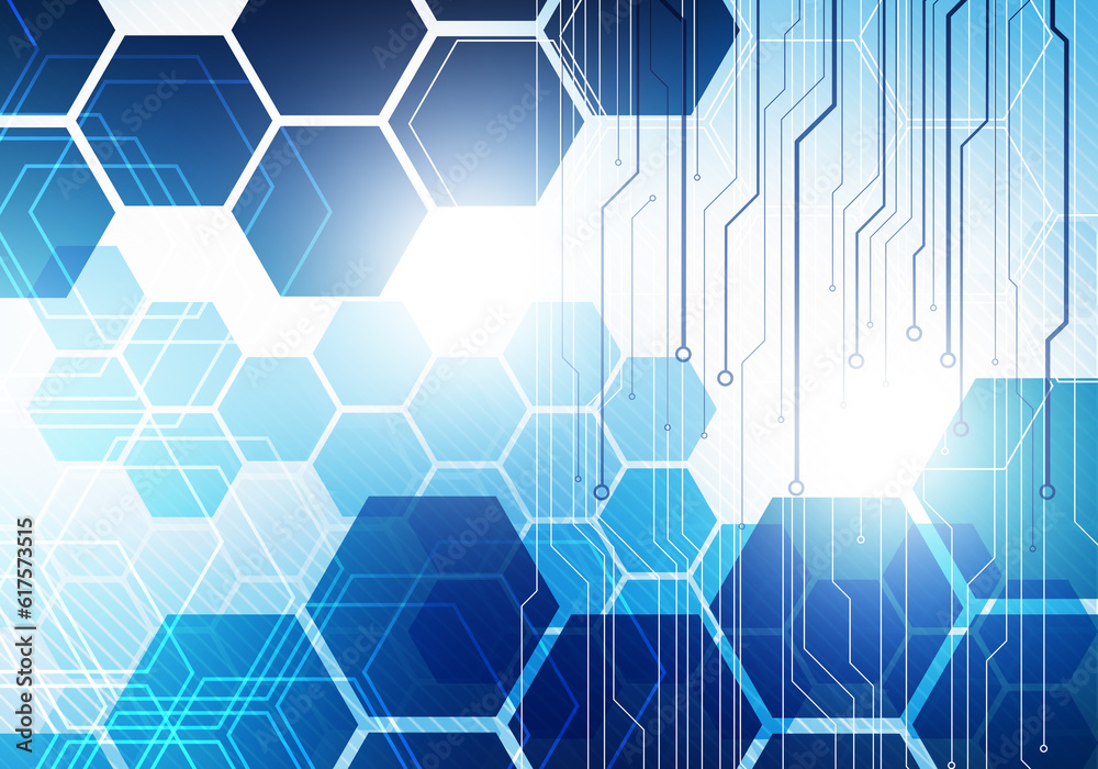 Fototapeta premium Digital hexagonal business technology concept background with circuit chip. Image for presentation, graphic design, corporate brand