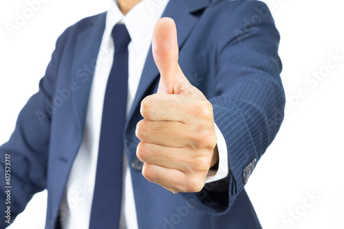 Young Businessman in Blue Suit Show Thumb Up Isolated on White Background.