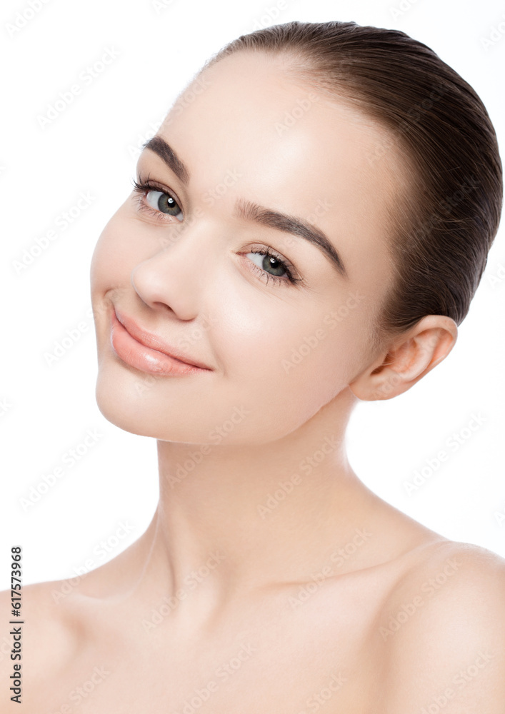 Beautiful woman with cute smile natural makeup spa skin care portrait on white background Beautiful woman with cute smile natural makeup spa skin care portrait on white background