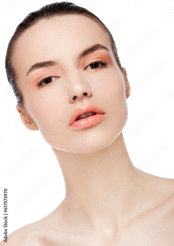Beautiful woman girl natural makeup spa skin care portrait with red eyes make up on white background Beautiful woman girl natural makeup spa skin care portrait with red eyes make up on white background
