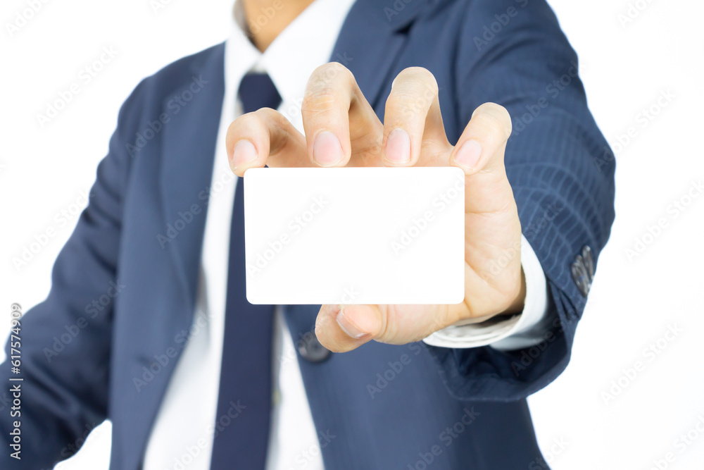 Businessman in Blue Suit Show Business Card or White Card Isolated on White Background for Design about Organization or Company Businessman in Blue Suit Show Business Card or White Card Isolated on White Background for Design about Organization or Company